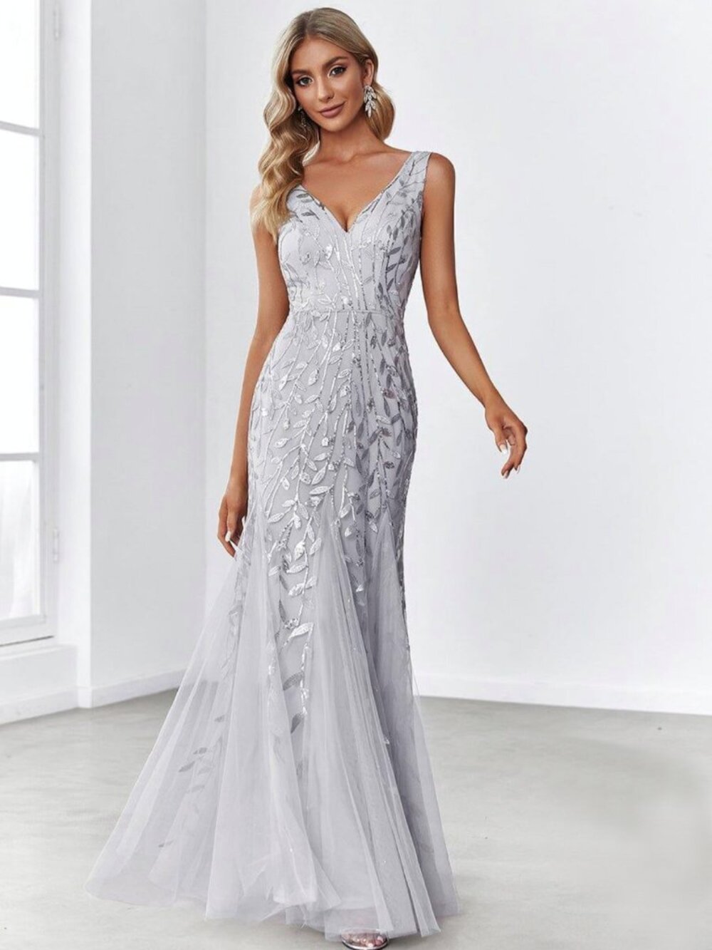 EVER PRETTY DOUBLE V-NECK SEQUIN TULLE EVENING DRESS GOWN ELEGANT FORMAL GLAM L